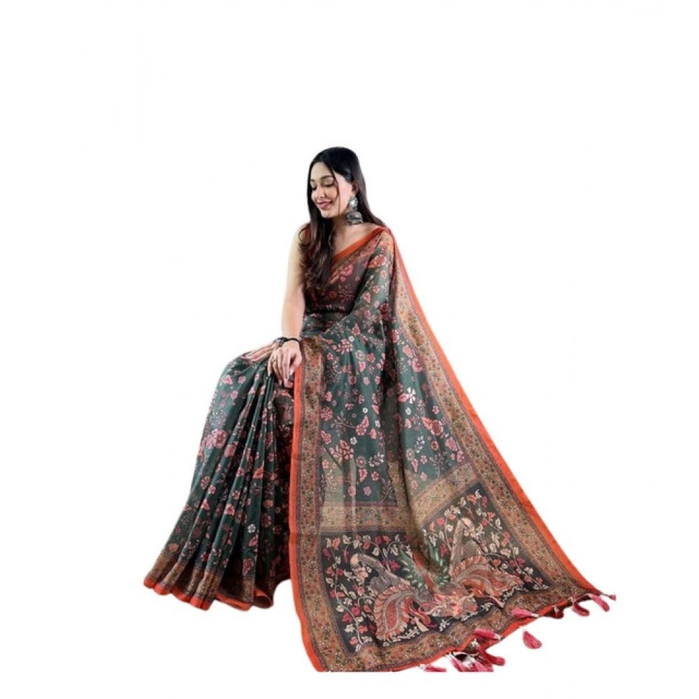 Women's Linen Printed Saree With Unstitched Blouse 5.5 Mtr (Green)