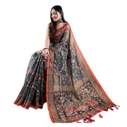 Women's Linen Printed Saree With Unstitched Blouse 5.5 Mtr (Green)