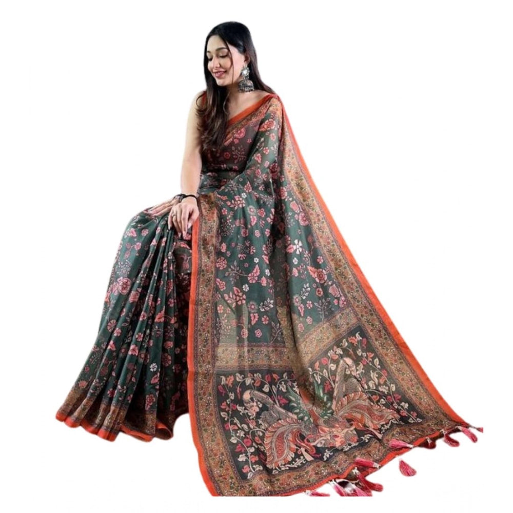Women's Linen Printed Saree With Unstitched Blouse 5.5 Mtr (Green)