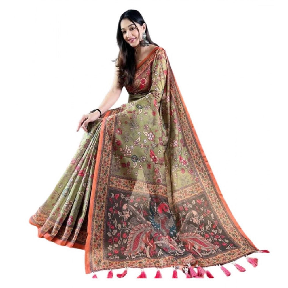 Women's Linen Printed Saree With Unstitched Blouse 5.5 Mtr (Sea Green)