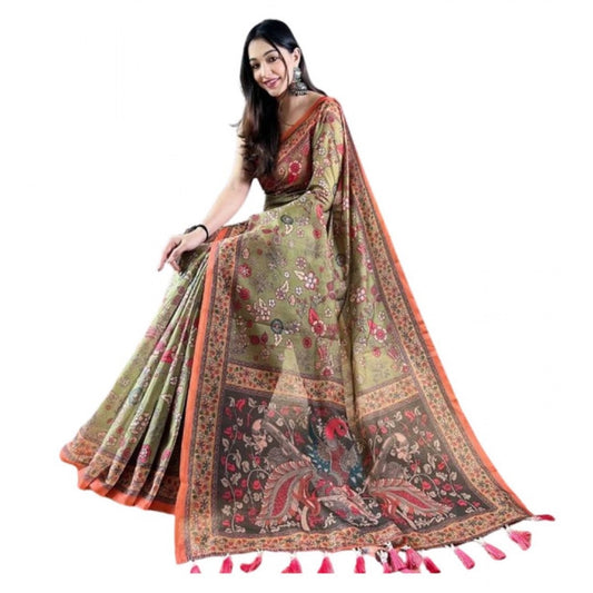 Women's Linen Printed Saree With Unstitched Blouse 5.5Mtr | POPNOVA