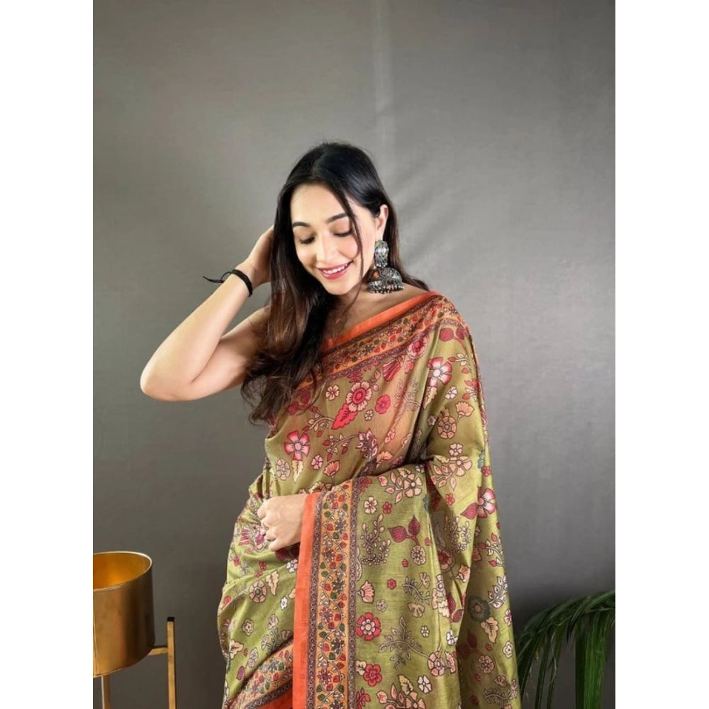 Women's Linen Printed Saree With Unstitched Blouse 5.5 Mtr (Sea Green)
