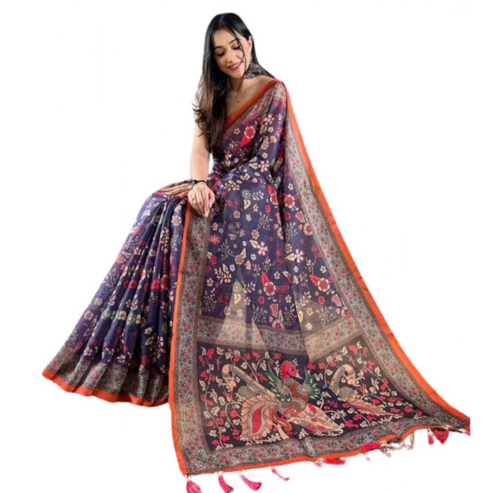 Women's Linen Printed Saree With Unstitched Blouse 5.5 Mtr (Blue)