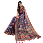 Women's Linen Printed Saree With Unstitched Blouse 5.5 Mtr (Blue)