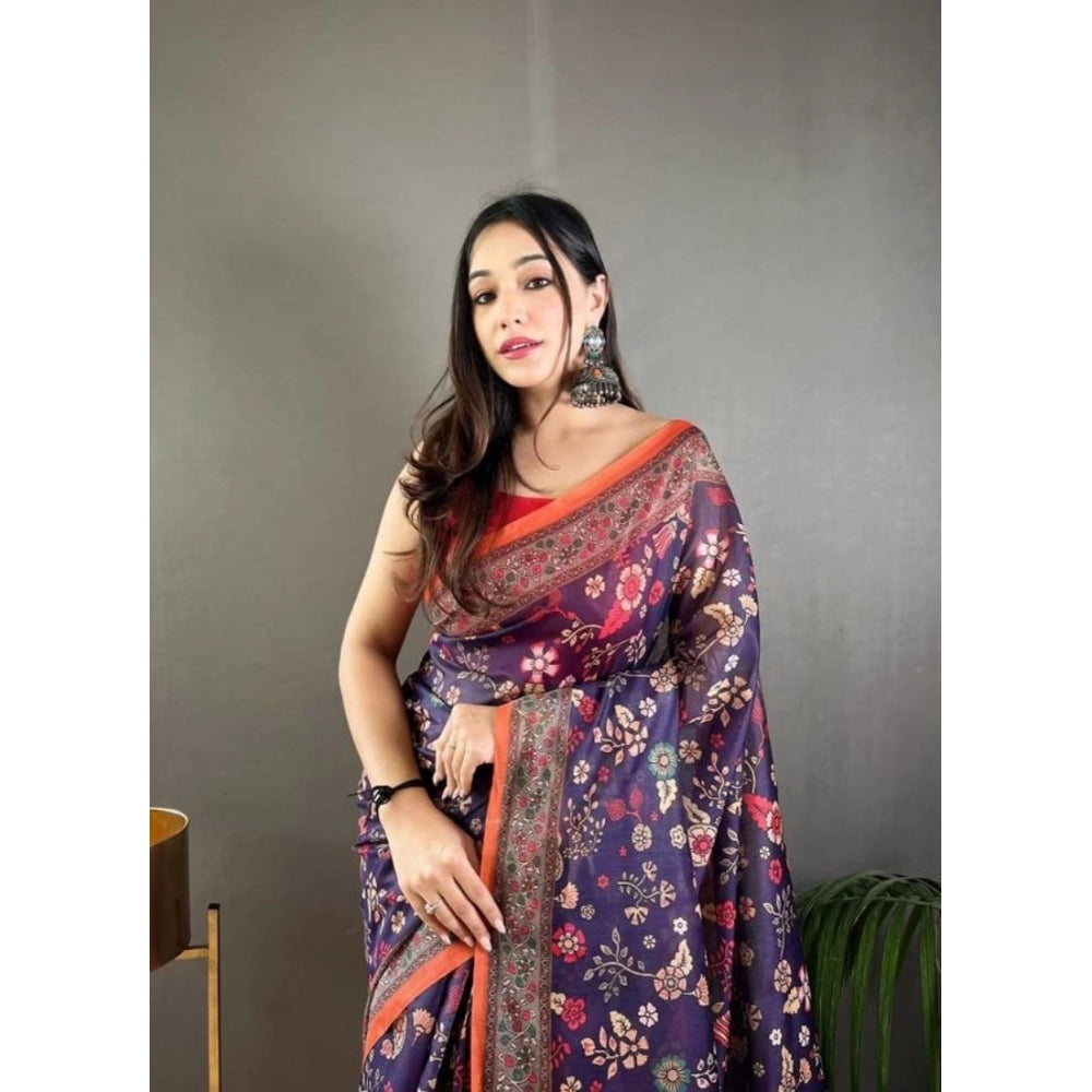 Women's Linen Printed Saree With Unstitched Blouse 5.5 Mtr (Blue)