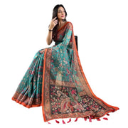 Women's Linen Printed Saree With Unstitched Blouse 5.5 Mtr (Olive)
