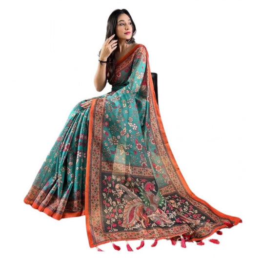 Women's Linen Printed Saree With Unstitched Blouse 5.5Mtr | POPNOVA