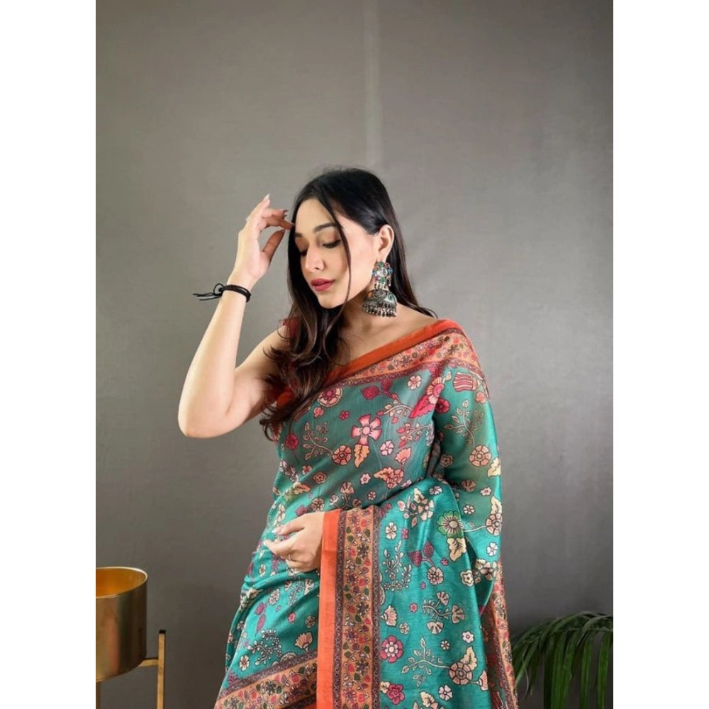 Women's Linen Printed Saree With Unstitched Blouse 5.5 Mtr (Olive)