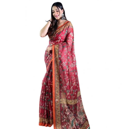 Women's Linen Printed Saree With Unstitched Blouse 5.5Mtr | POPNOVA