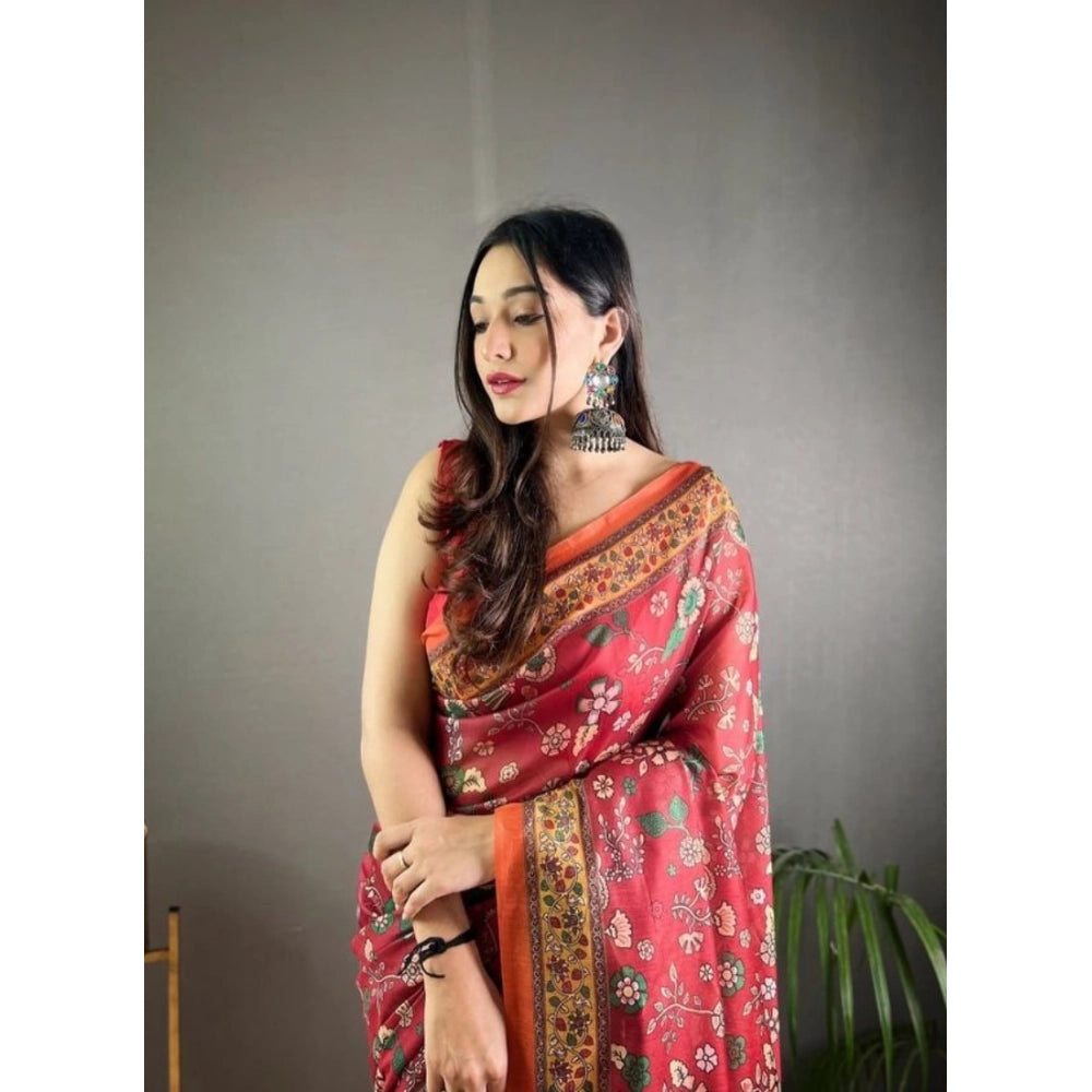 Women's Linen Printed Saree With Unstitched Blouse 5.5 Mtr (Red)