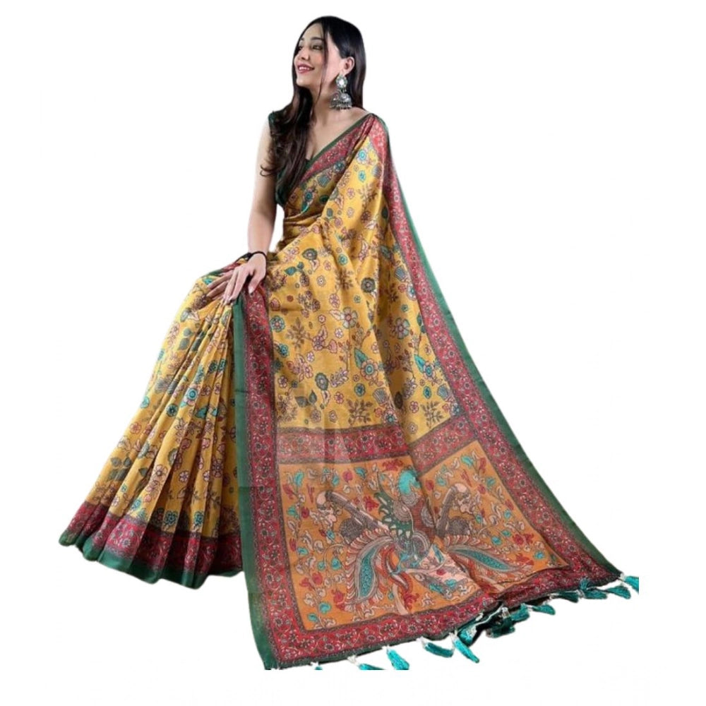 Women's Linen Printed Saree With Unstitched Blouse 5.5 Mtr (Yellow)