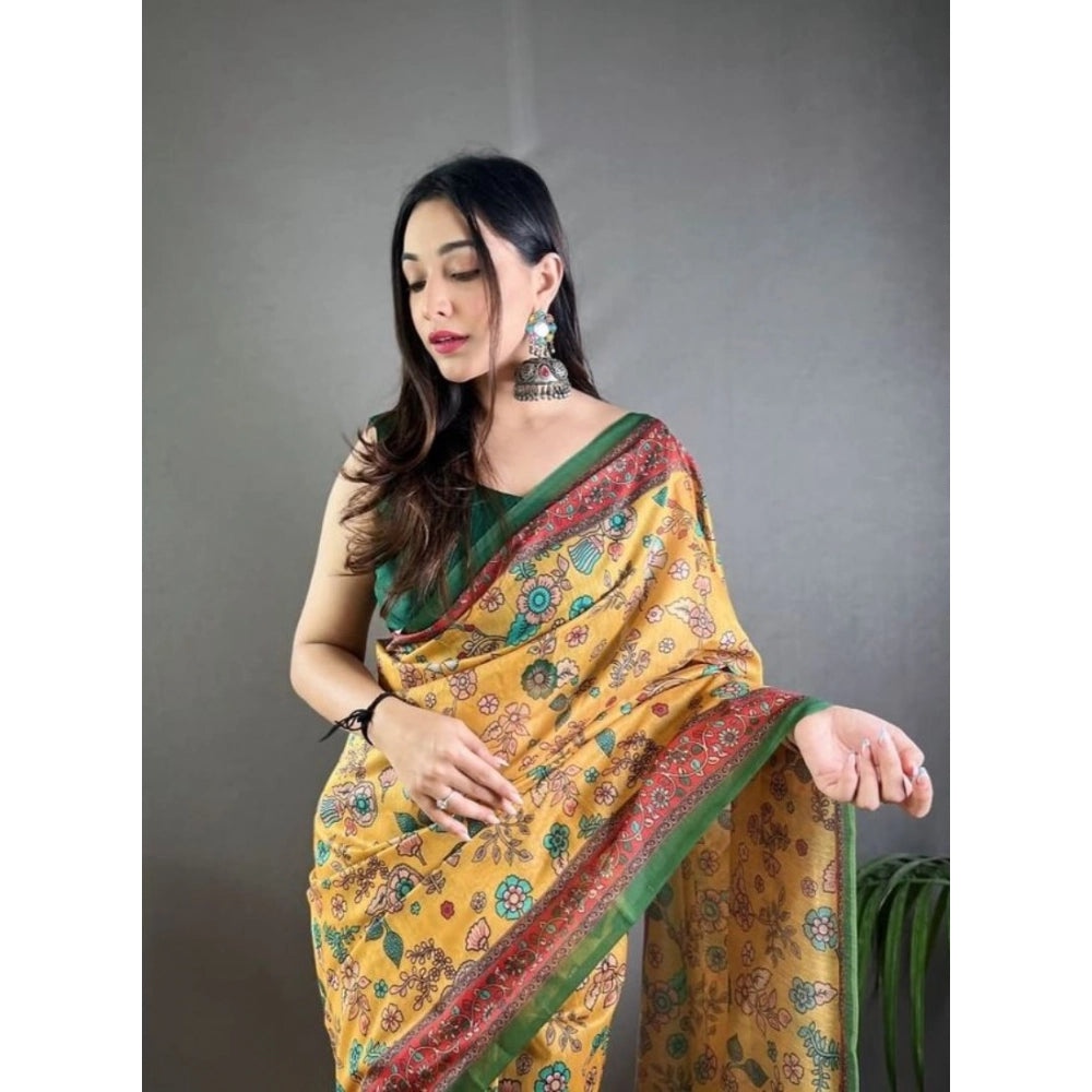 Women's Linen Printed Saree With Unstitched Blouse 5.5 Mtr (Yellow)