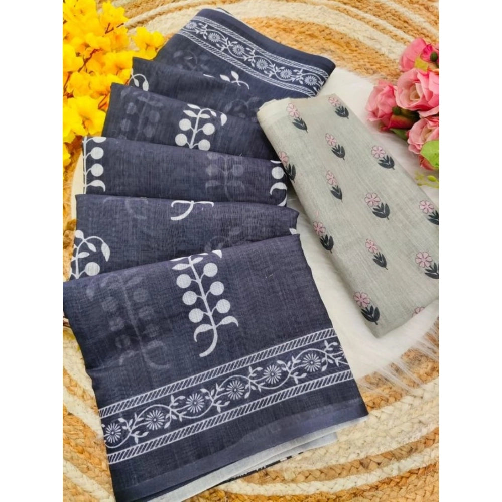Women's Linen Printed Saree With Unstitched Blouse 5.5 Mtr (Grey)