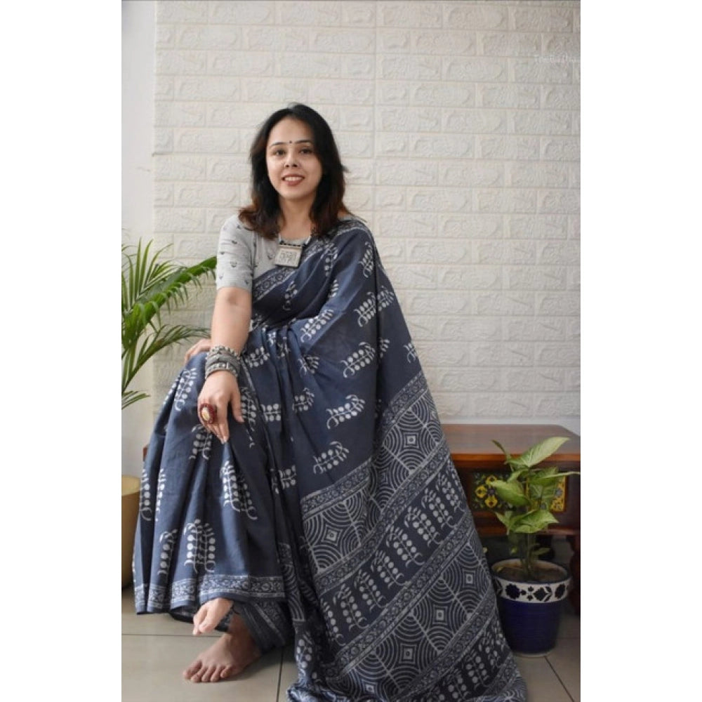 Women's Linen Printed Saree With Unstitched Blouse 5.5 Mtr (Grey)