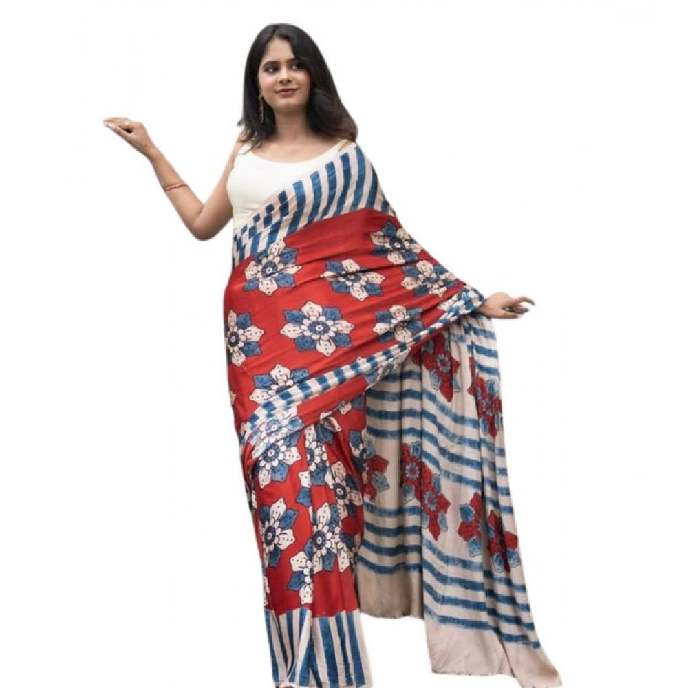 Women's Linen Printed Saree With Unstitched Blouse 5.5 Mtr (Red)