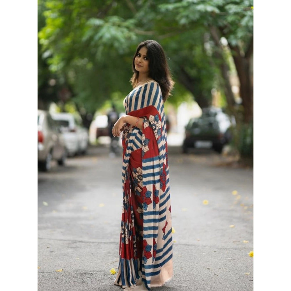 Women's Linen Printed Saree With Unstitched Blouse 5.5 Mtr (Red)