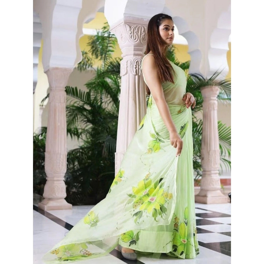 Women's Linen Printed Saree With Unstitched Blouse 5.5 Mtr (Green)
