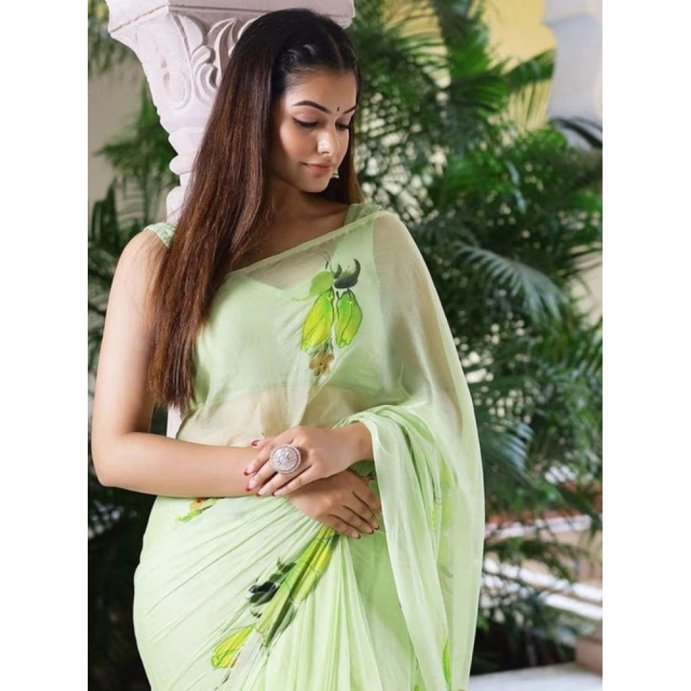 Women's Linen Printed Saree With Unstitched Blouse 5.5 Mtr (Green)