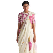 Women's Linen Printed Saree With Unstitched Blouse 5.5 Mtr (White)