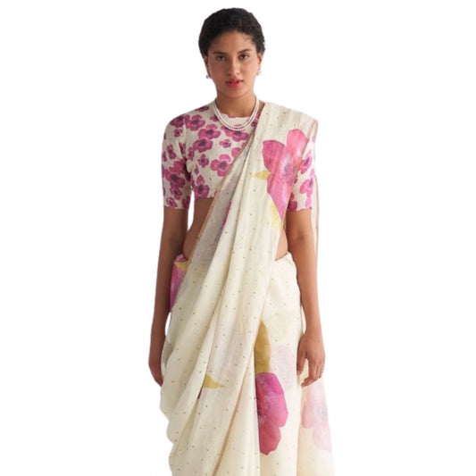 Women's Linen Printed Saree With Unstitched Blouse 5.5Mtr | POPNOVA