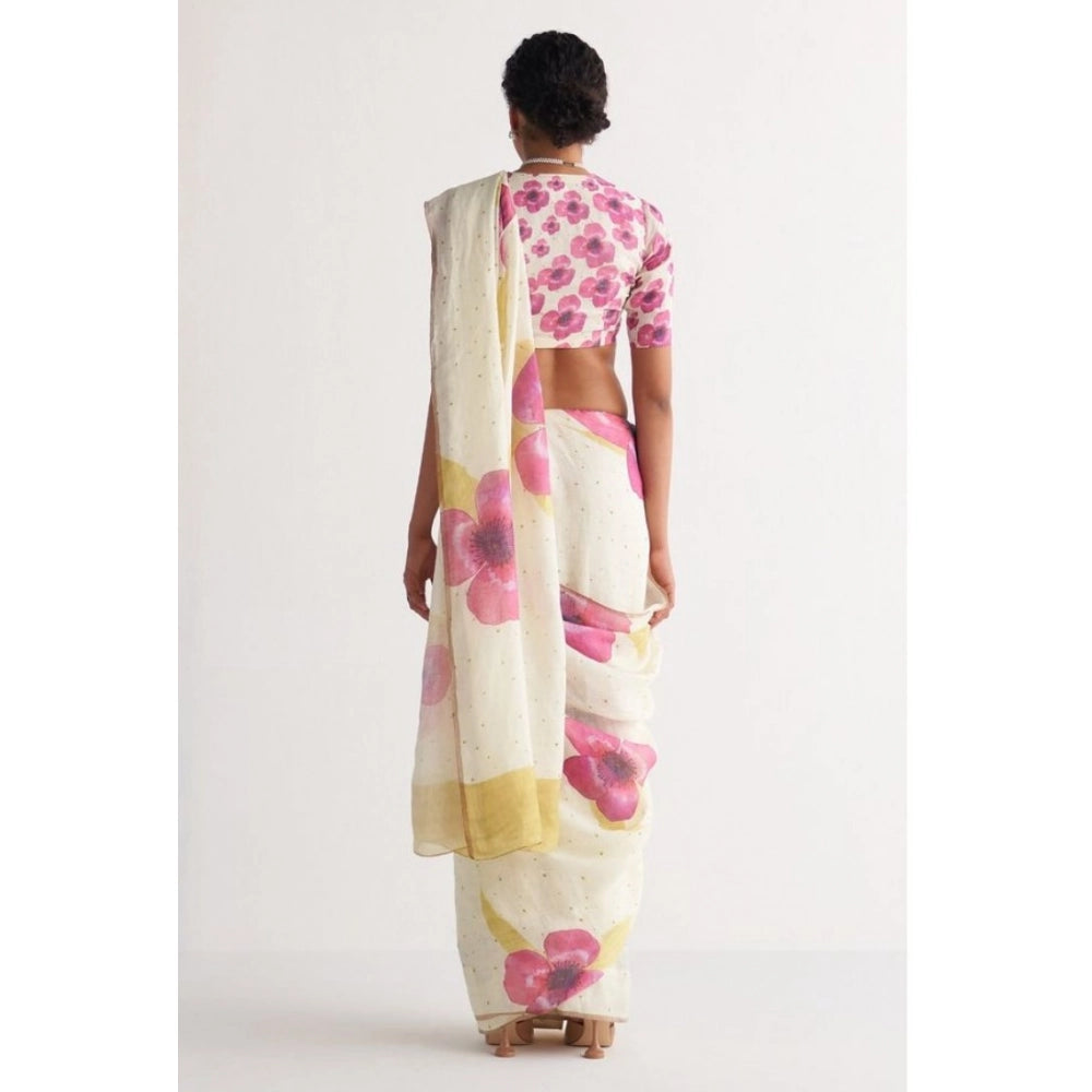 Women's Linen Printed Saree With Unstitched Blouse 5.5 Mtr (White)