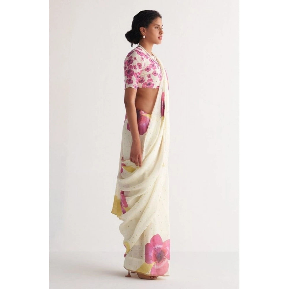 Women's Linen Printed Saree With Unstitched Blouse 5.5 Mtr (White)