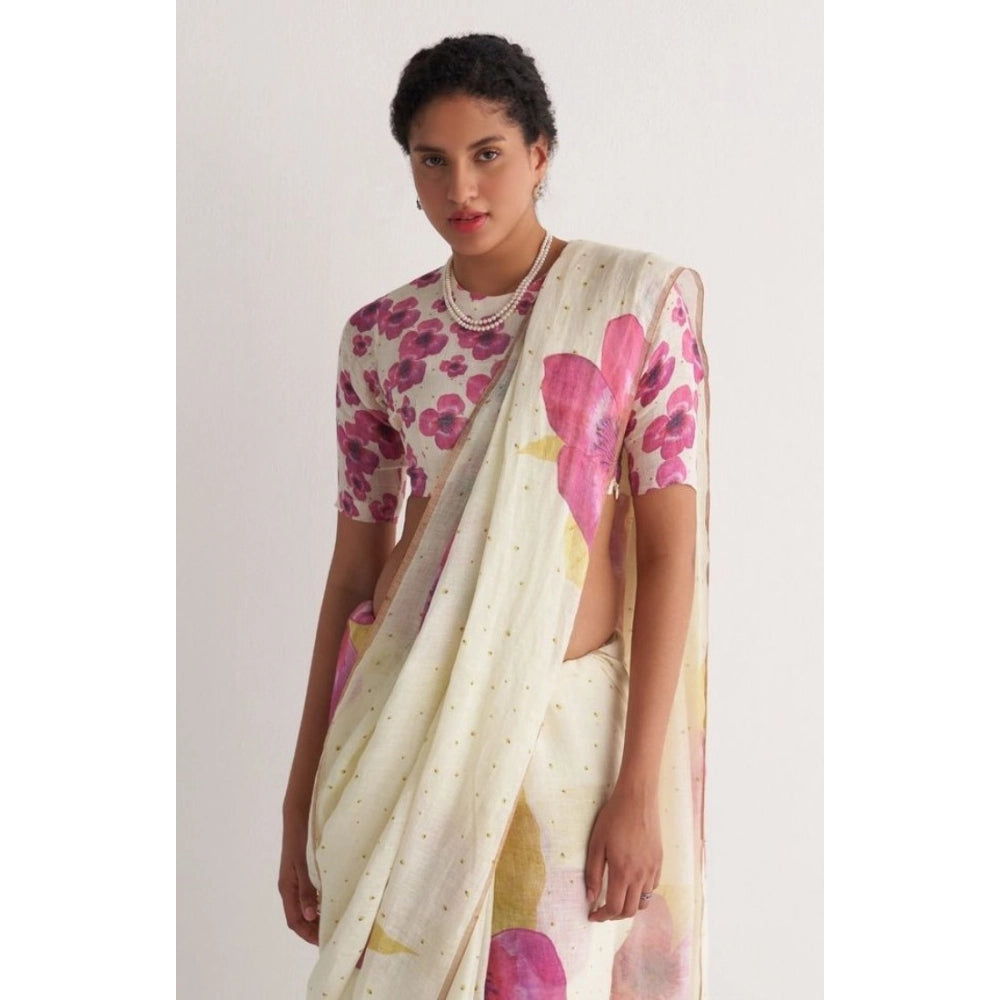 Women's Linen Printed Saree With Unstitched Blouse 5.5 Mtr (White)