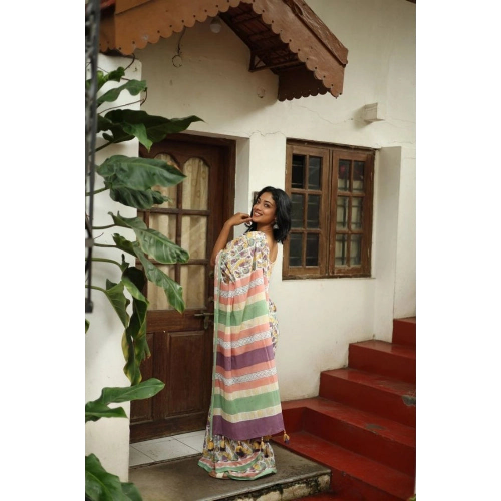Women's Linen Printed Saree With Unstitched Blouse 5.5 Mtr (Multicolor)