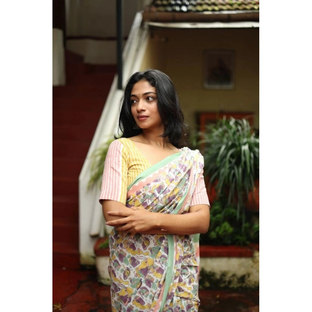 Women's Linen Printed Saree With Unstitched Blouse 5.5 Mtr (Multicolor)