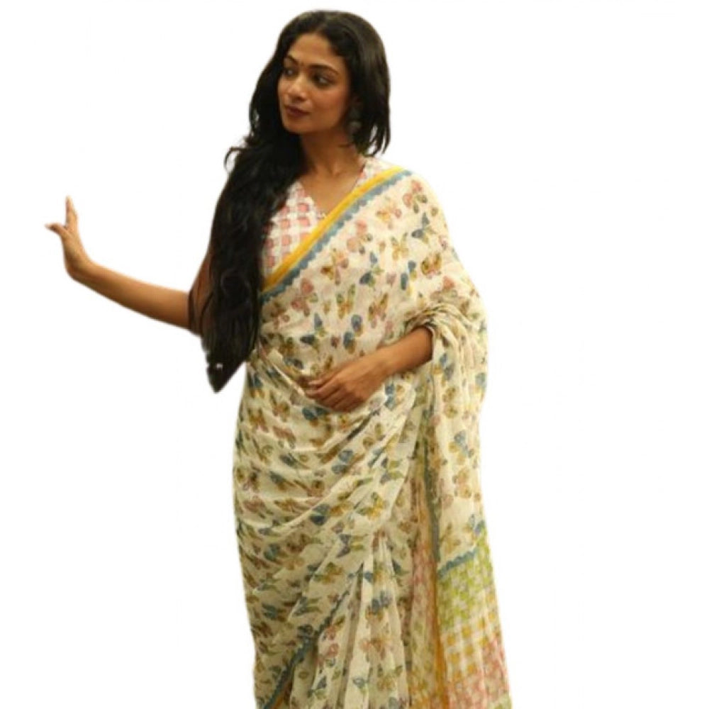 Women's Linen Printed Saree With Unstitched Blouse 5.5 Mtr (White)