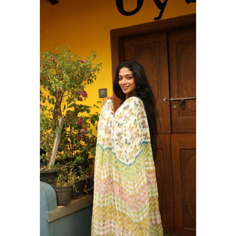 Women's Linen Printed Saree With Unstitched Blouse 5.5 Mtr (White)