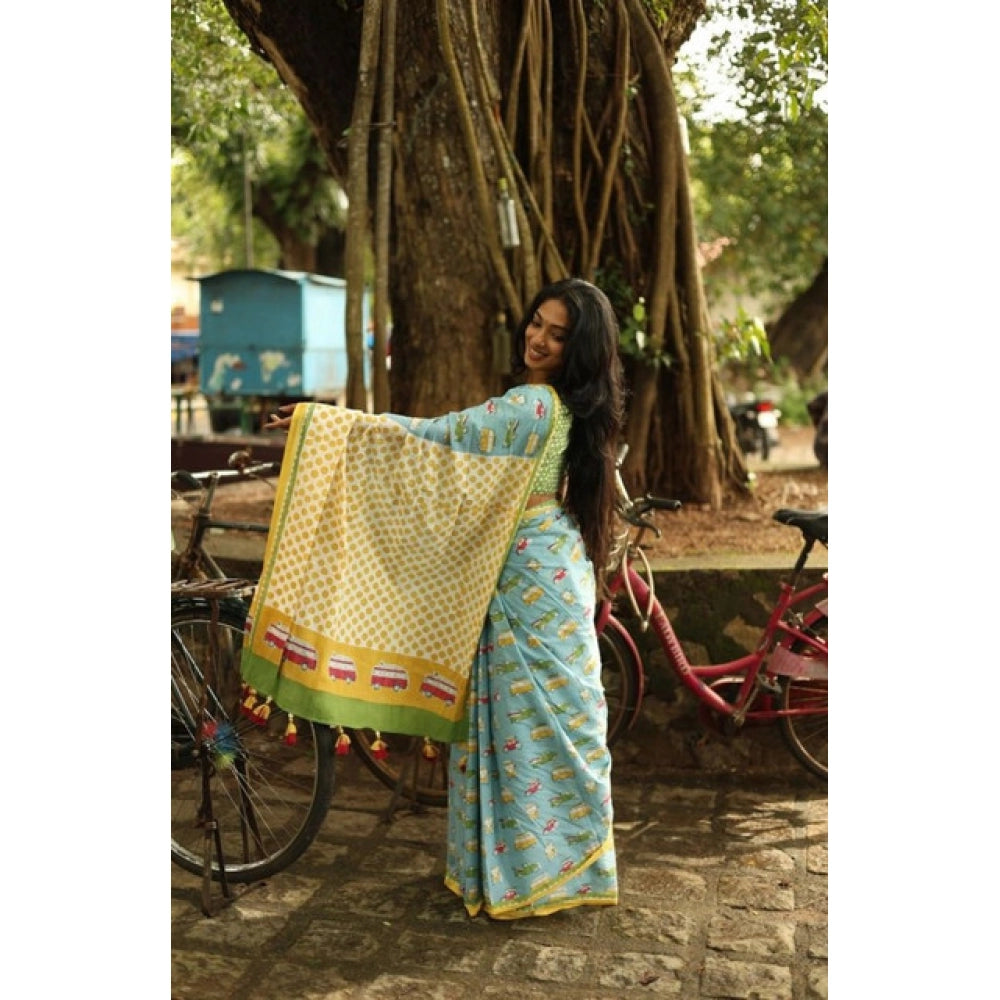 Women's Linen Printed Saree With Unstitched Blouse 5.5 Mtr (Blue)