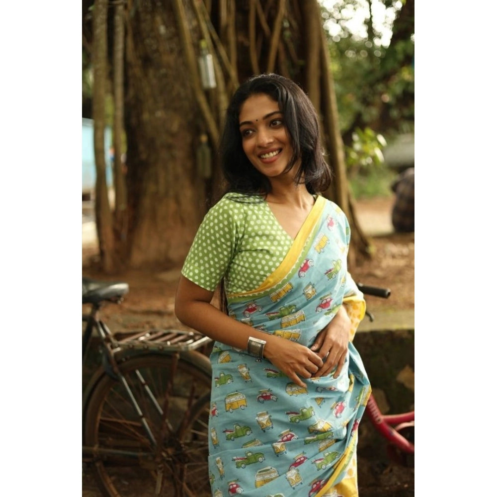 Women's Linen Printed Saree With Unstitched Blouse 5.5 Mtr (Blue)