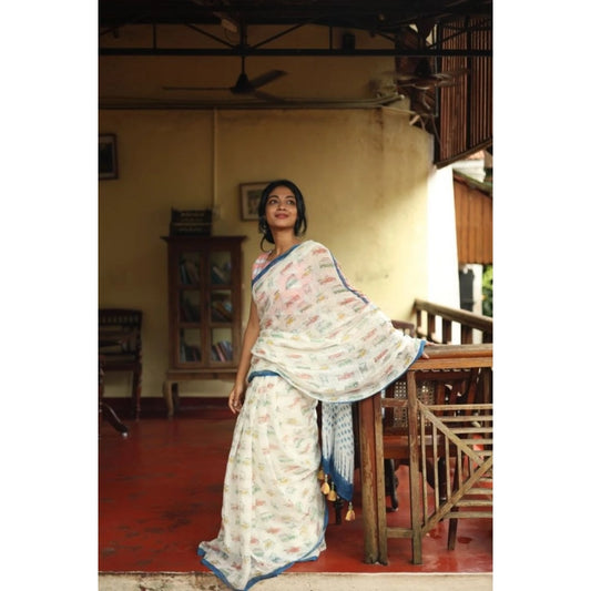 Women's Linen Printed Saree With Unstitched Blouse 5.5Mtr | POPNOVA