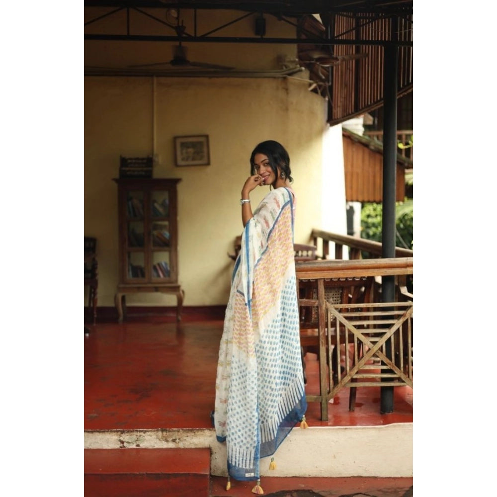Women's Linen Printed Saree With Unstitched Blouse 5.5 Mtr (White)