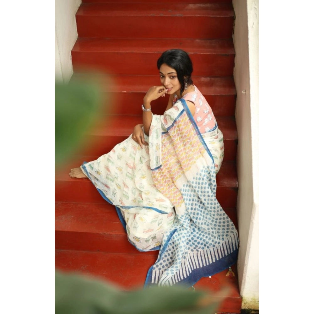 Women's Linen Printed Saree With Unstitched Blouse 5.5 Mtr (White)