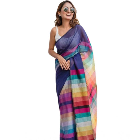 Women's Linen Printed Saree With Unstitched Blouse 5.5Mtr | POPNOVA