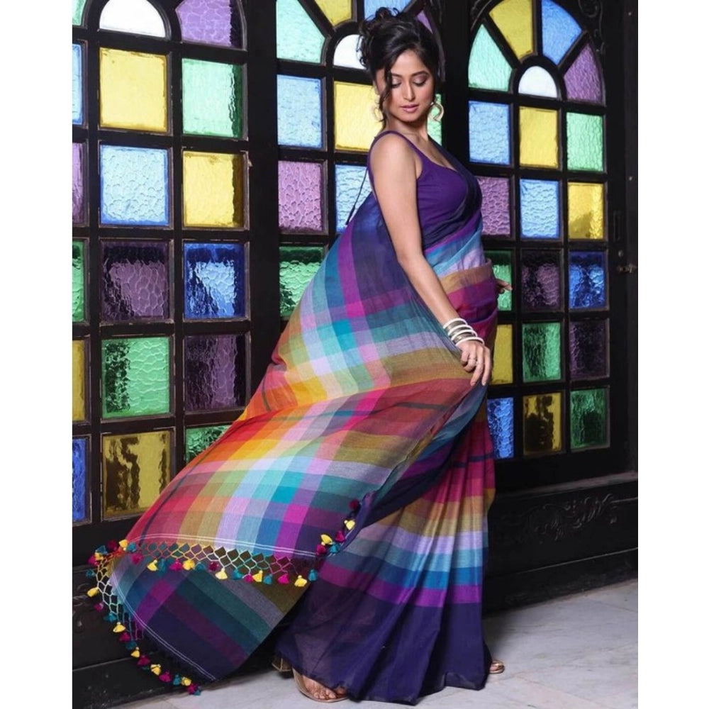 Women's Linen Printed Saree With Unstitched Blouse 5.5 Mtr (Navy)