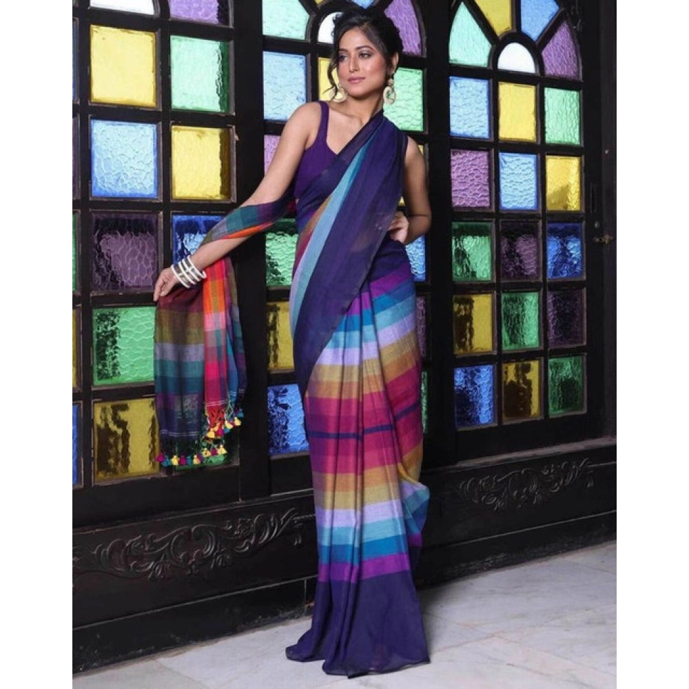 Women's Linen Printed Saree With Unstitched Blouse 5.5 Mtr (Navy)