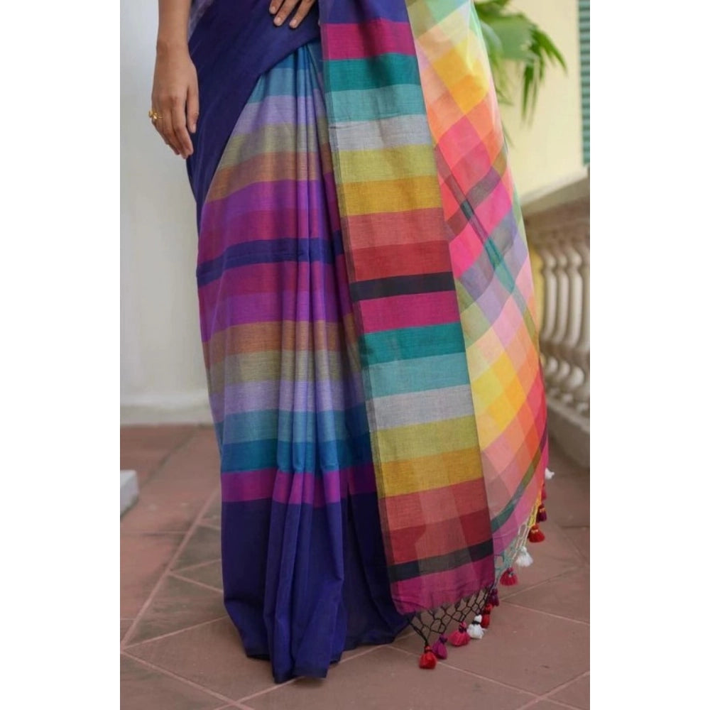 Women's Linen Printed Saree With Unstitched Blouse 5.5 Mtr (Navy)
