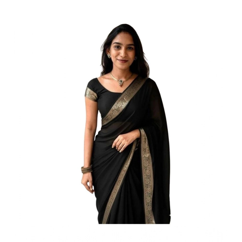 Women's Vichitra Silk Printed Saree With Unstitched Blouse 5.5 Mtr (Black)
