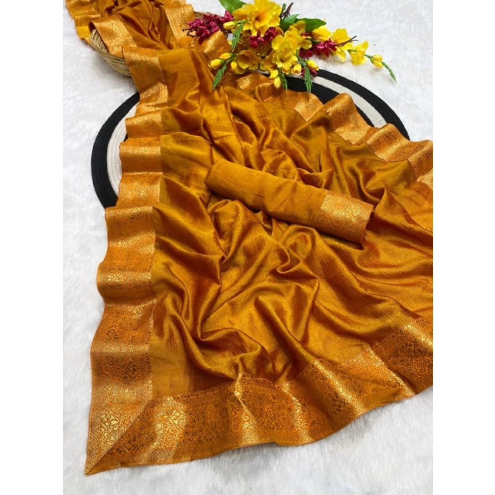 Women's Vichitra Silk Printed Saree With Unstitched Blouse 5.5 Mtr (Mustard)