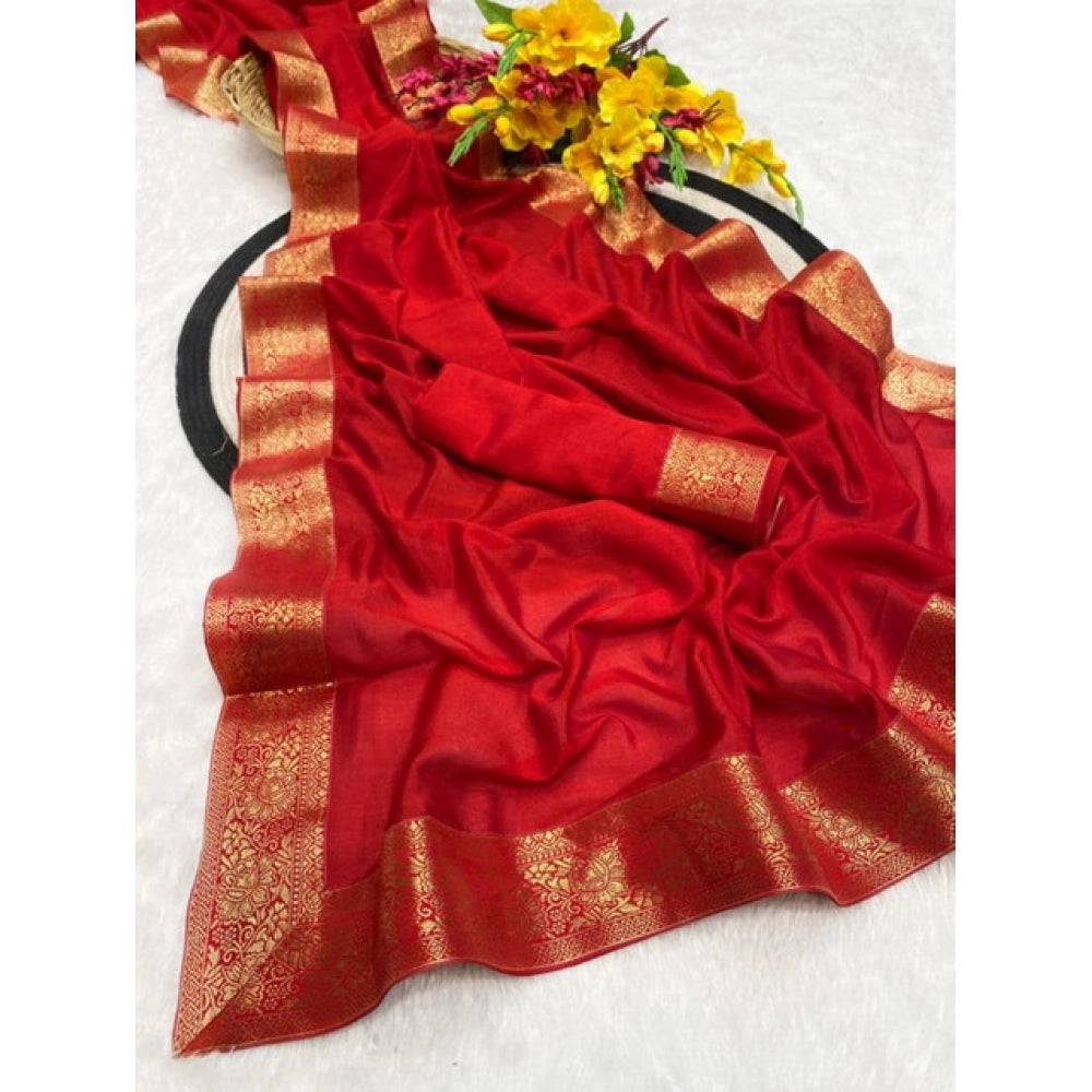 Women's Vichitra Silk Printed Saree With Unstitched Blouse 5.5 Mtr (Red)