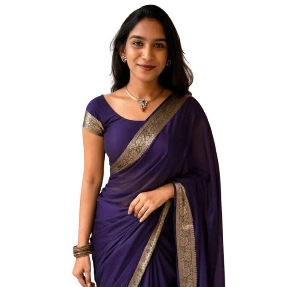 Women's Vichitra Silk Printed Saree With Unstitched Blouse 5.5 Mtr (Purple)