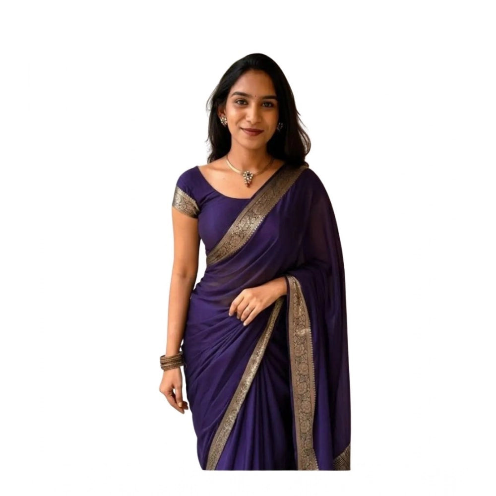 Women's Vichitra Silk Printed Saree With Unstitched Blouse 5.5 Mtr (Purple)