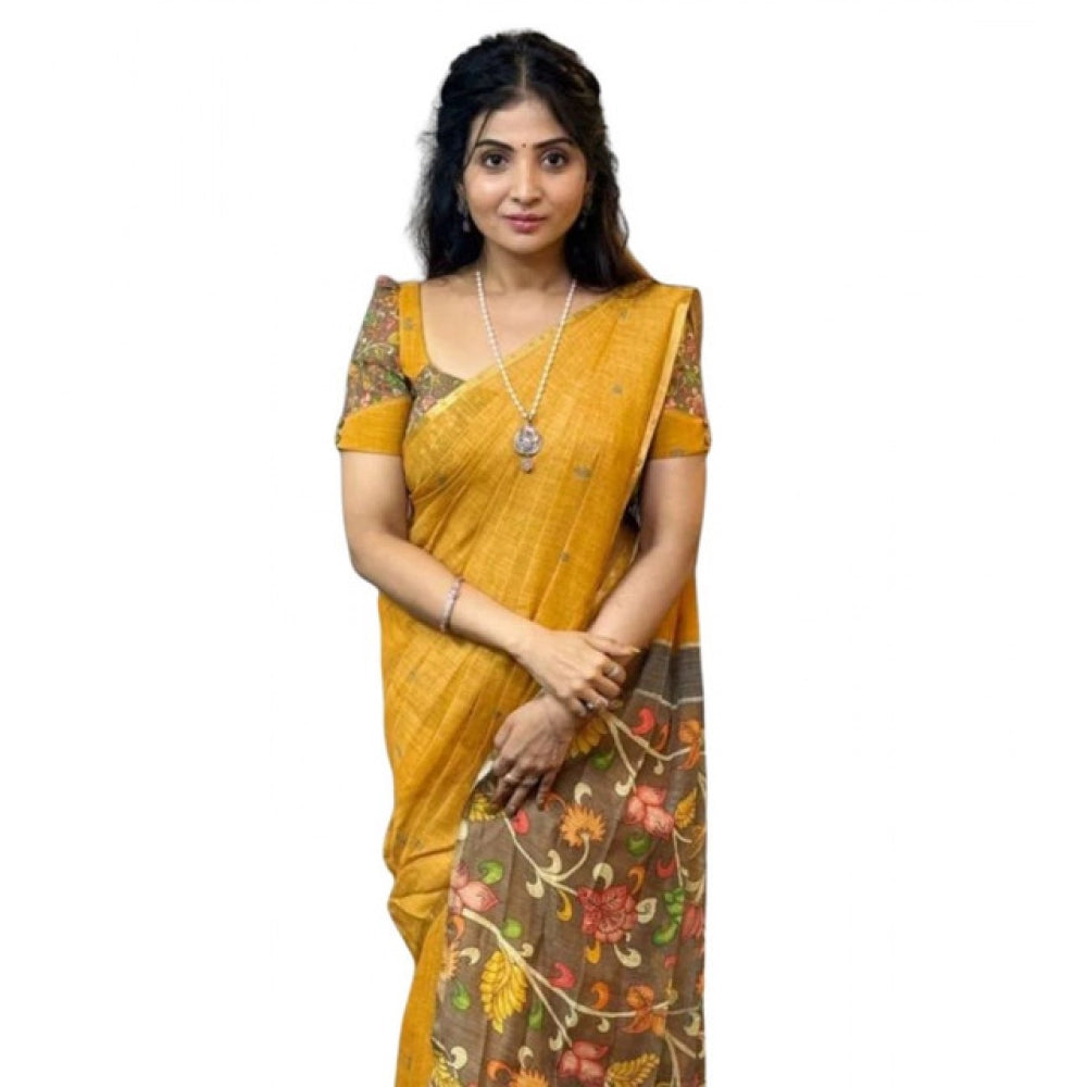 Women's Linen Printed Saree With Unstitched Blouse 5.5 Mtr (Mustard)