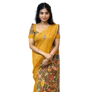 Women's Linen Printed Saree With Unstitched Blouse 5.5 Mtr (Mustard)