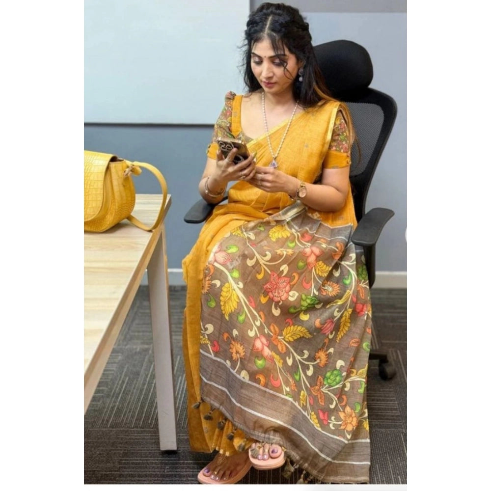 Women's Linen Printed Saree With Unstitched Blouse 5.5 Mtr (Mustard)