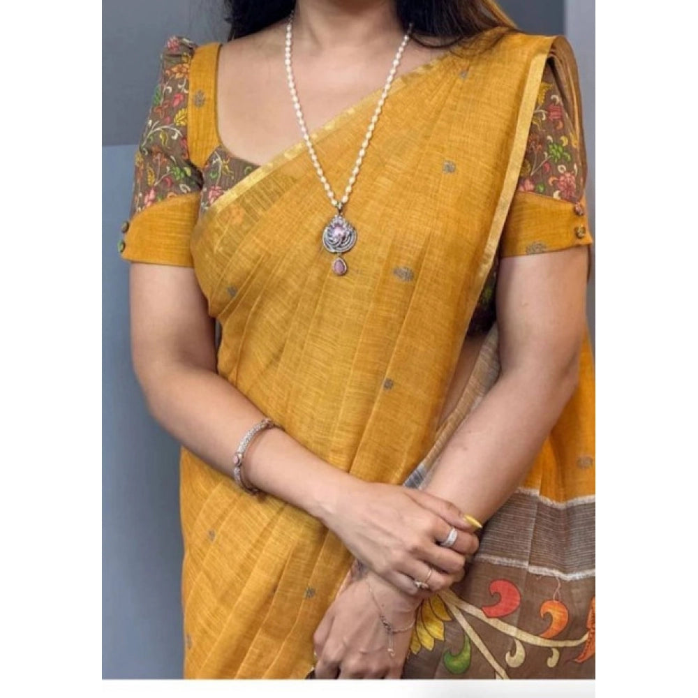 Women's Linen Printed Saree With Unstitched Blouse 5.5 Mtr (Mustard)