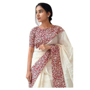 Women's Linen Printed Saree With Unstitched Blouse 5.5 Mtr (White)